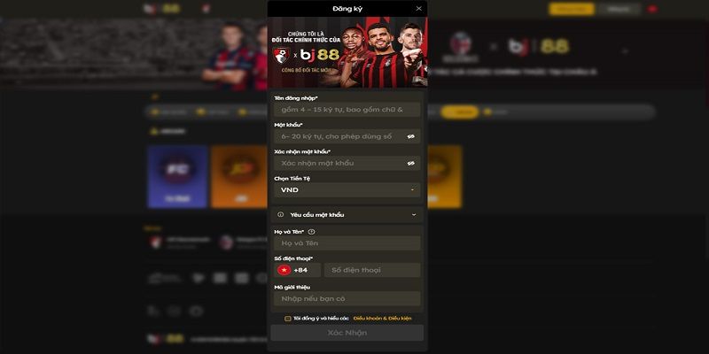 Hoàn thành các thông tin được yêu cầu trong form đăng ký BJ88